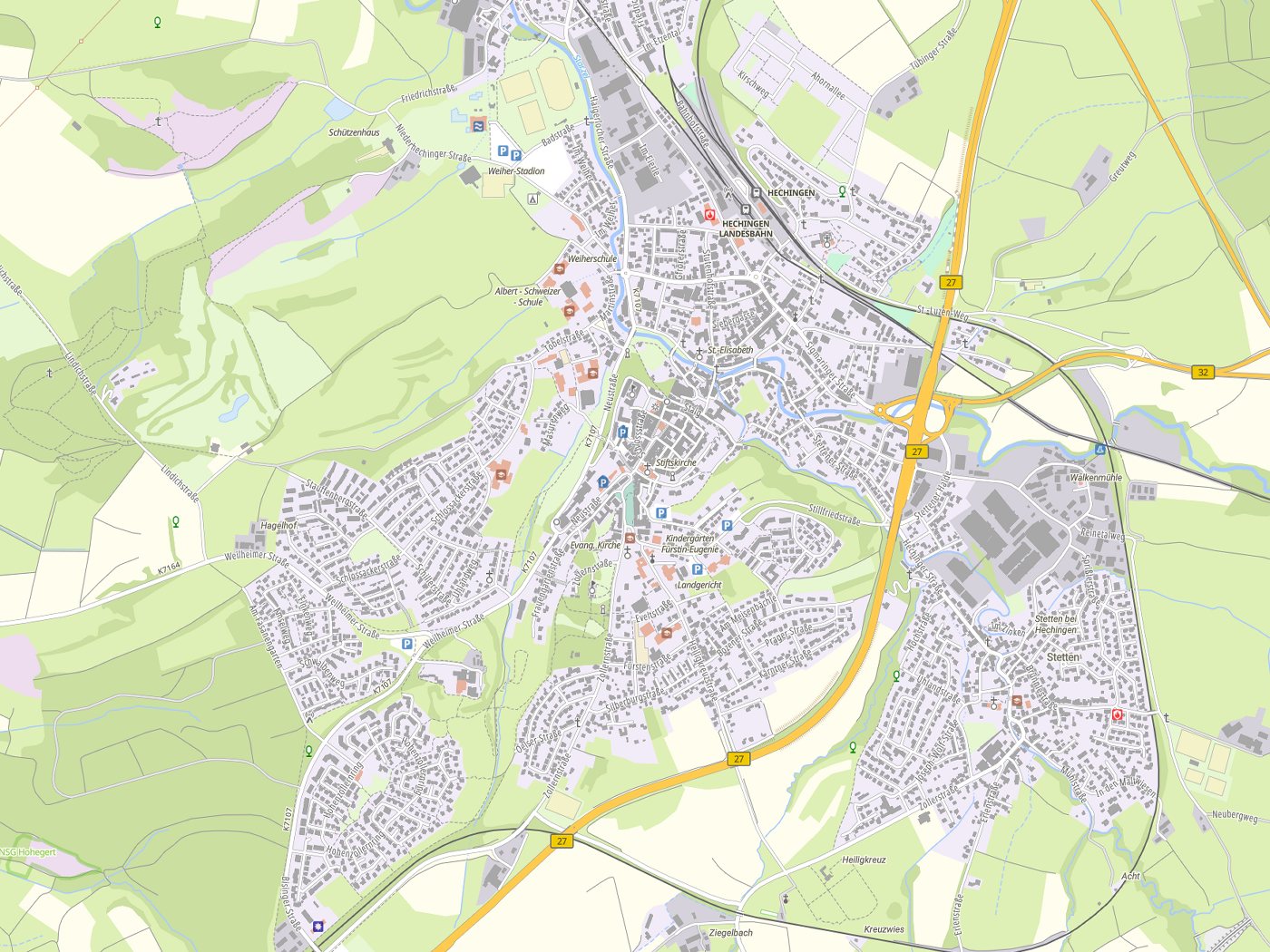 Kartenausschnitt Hechingen mit Gewässern