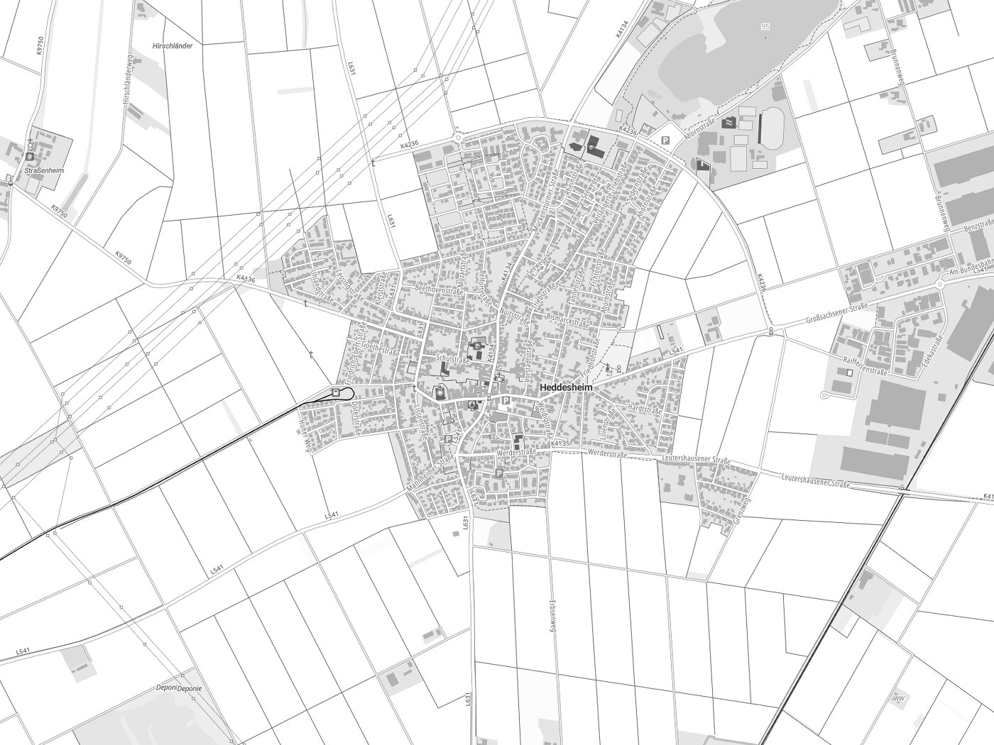 Kartenausschnitt Heddesheim mit Gewässern