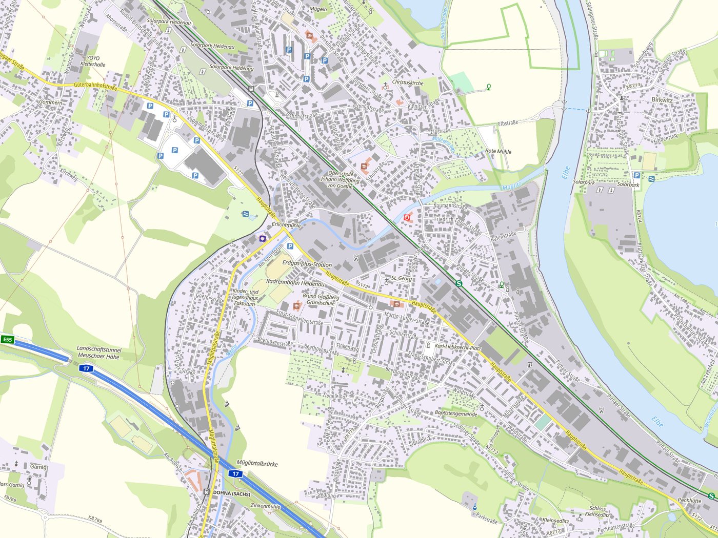 Kartenausschnitt Heidenau mit Gewässern