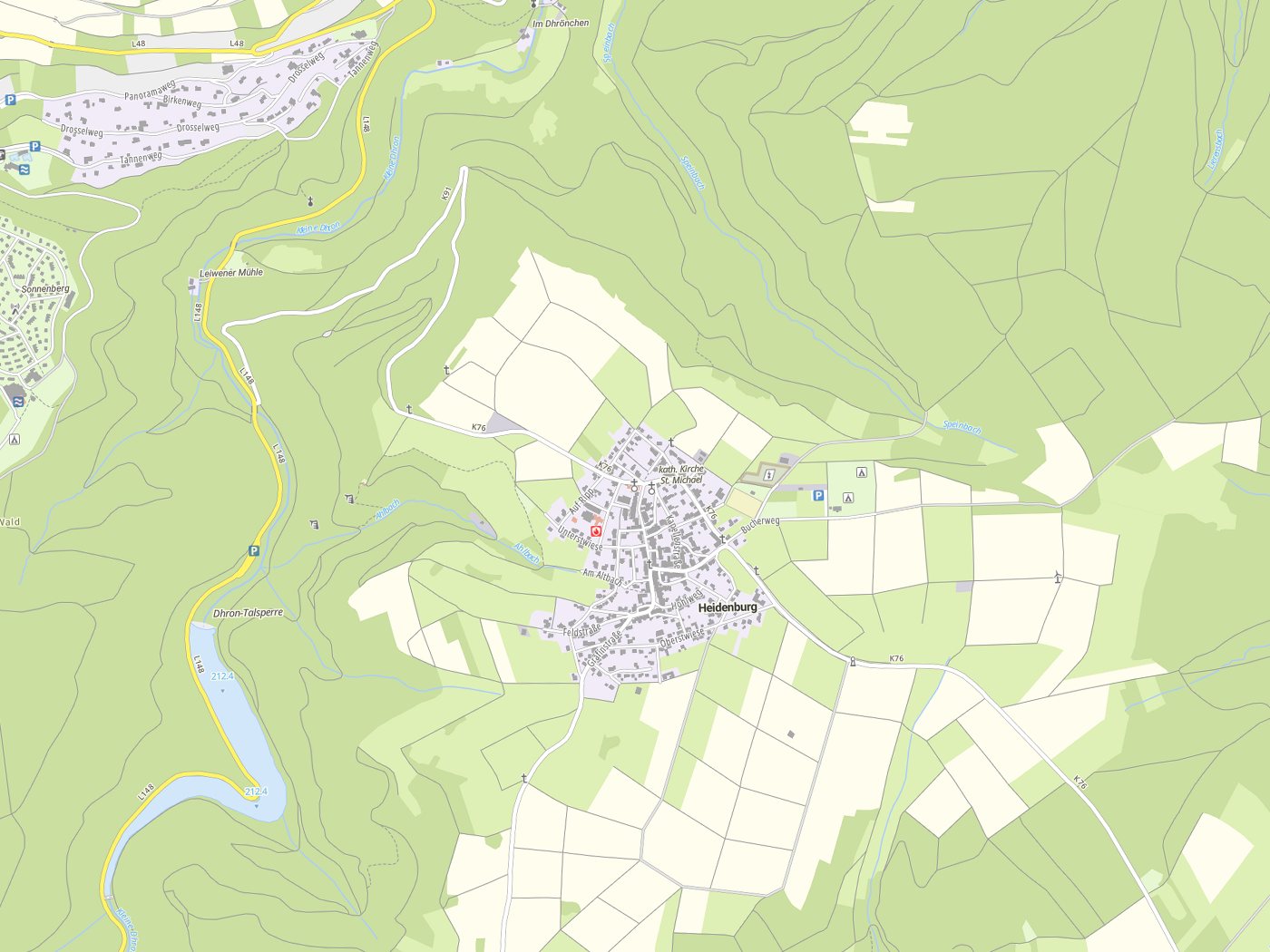 Kartenausschnitt Heidenburg mit Gewässern