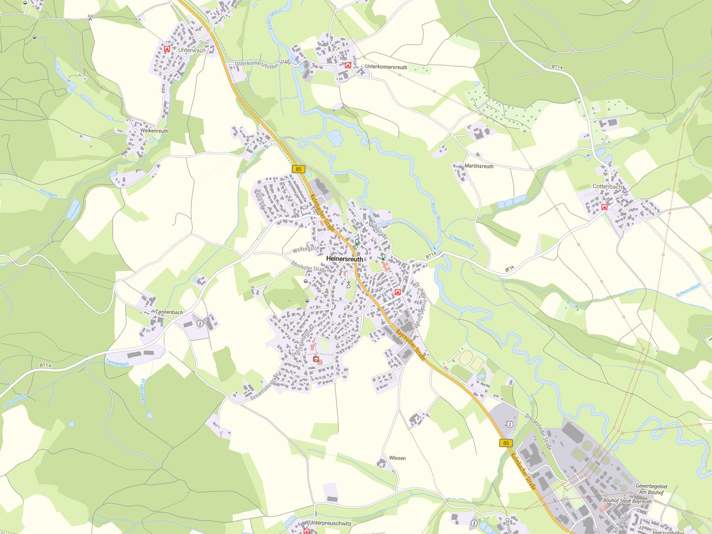 Kartenausschnitt Heinersreuth mit Gewässern
