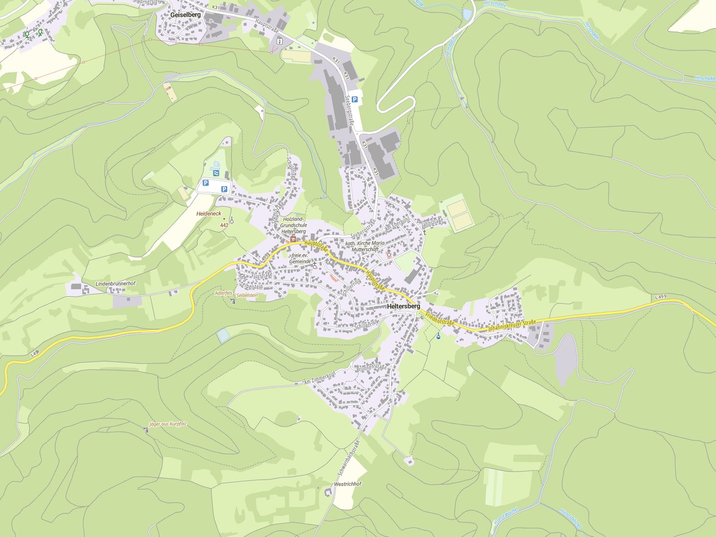 Kartenausschnitt Heltersberg mit Gewässern