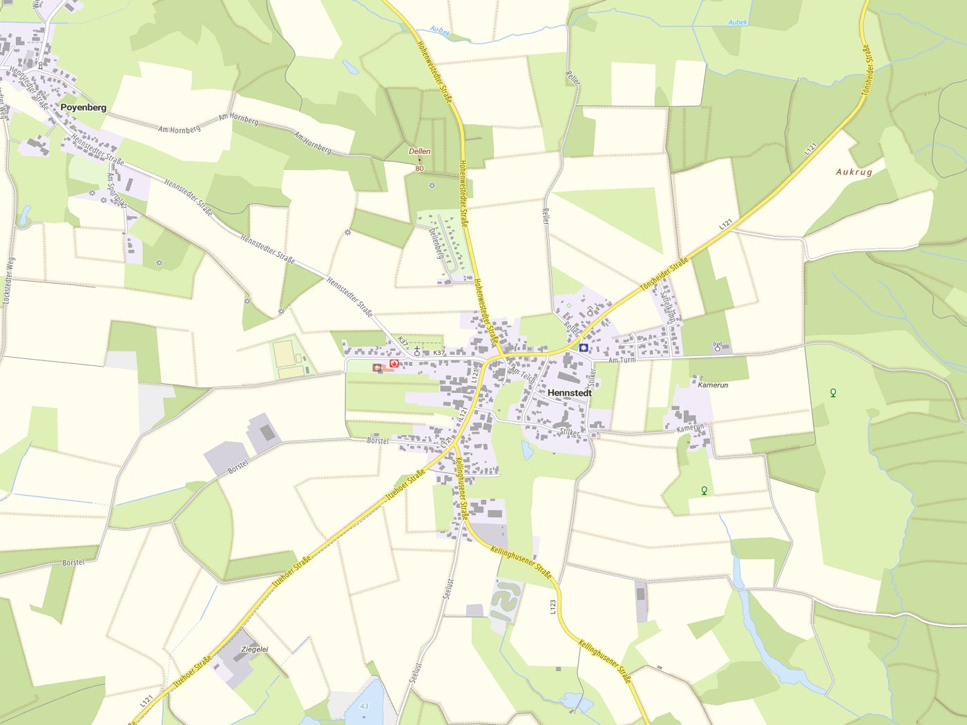 Kartenausschnitt Hennstedt mit Gewässern