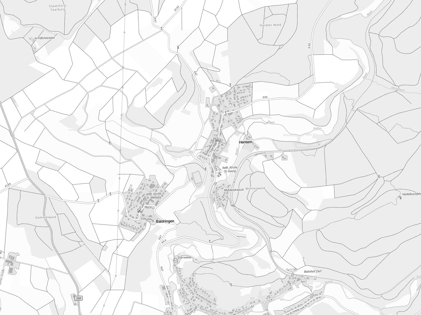 Kartenausschnitt Hentern mit Gewässern
