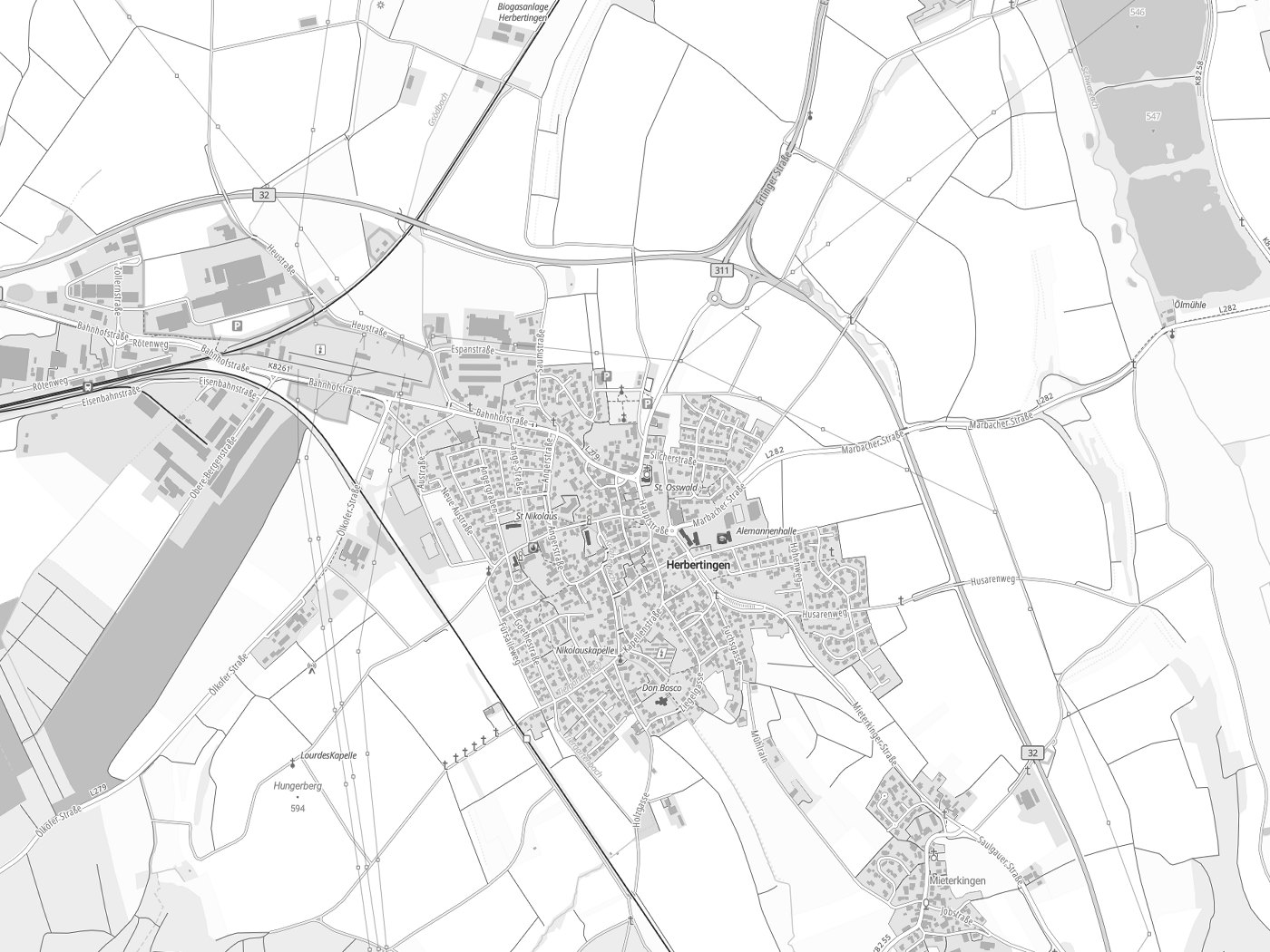 Kartenausschnitt Herbertingen mit Gewässern
