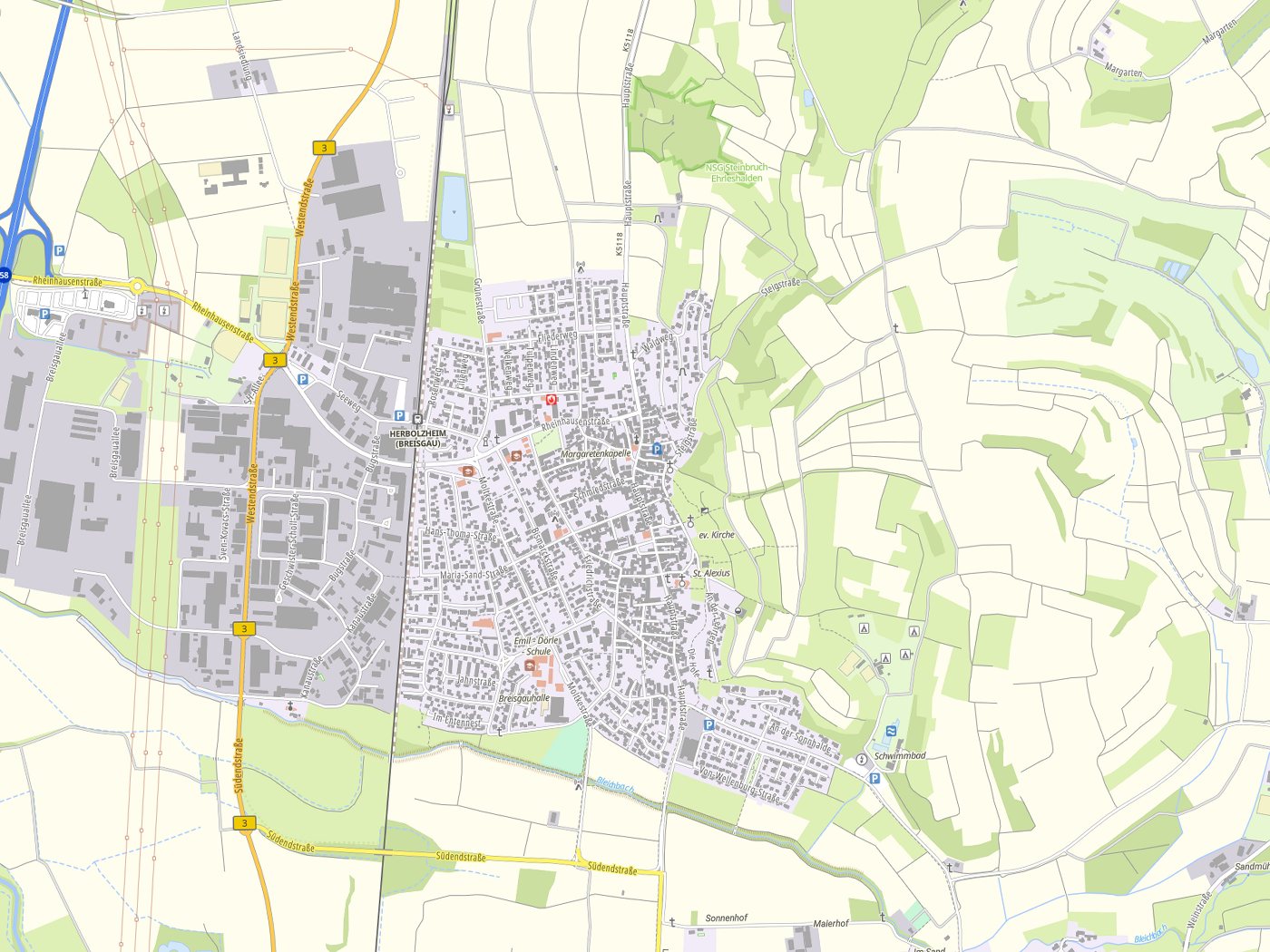 Kartenausschnitt Herbolzheim mit Gewässern