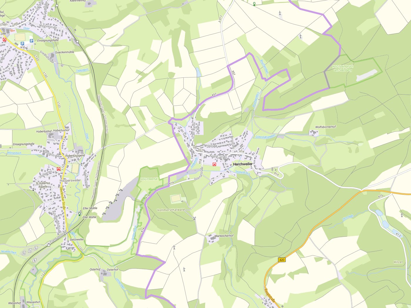 Kartenausschnitt Herchweiler mit Gewässern