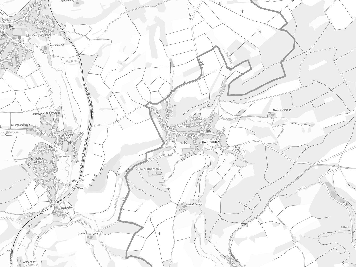 Kartenausschnitt Herchweiler mit Gewässern