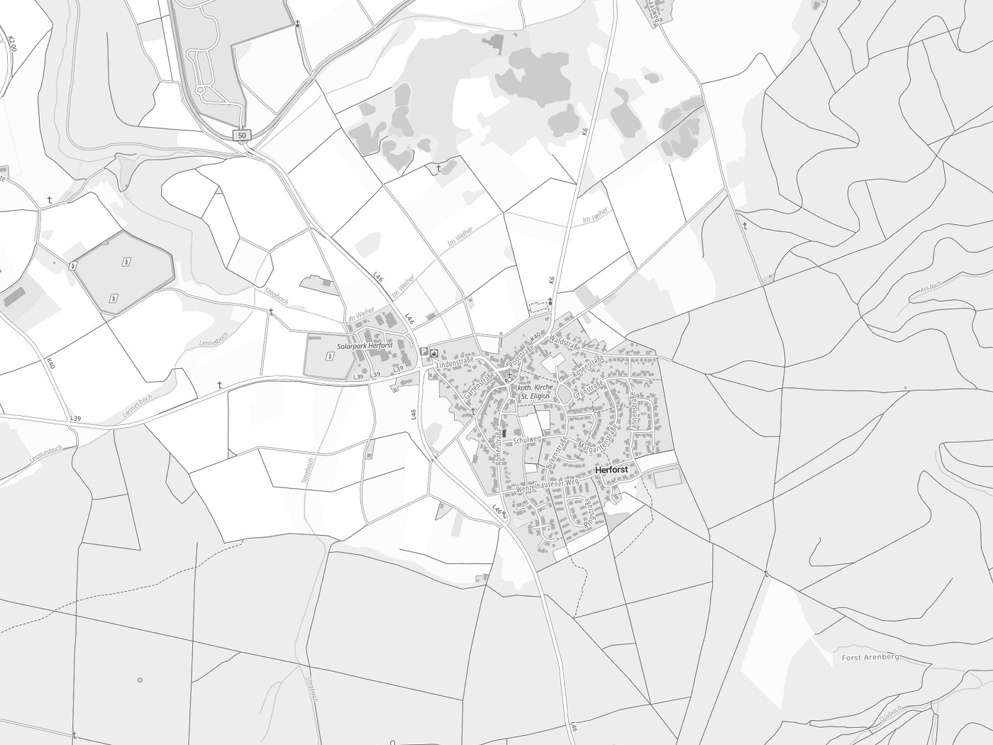 Kartenausschnitt Herforst mit Gewässern