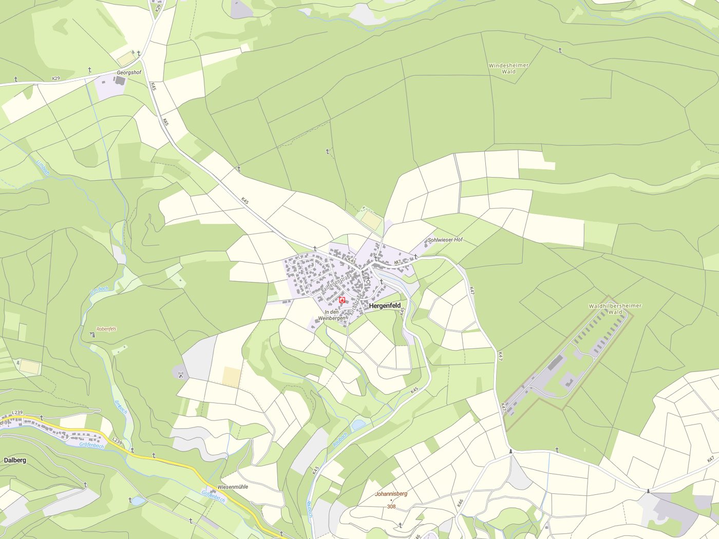 Kartenausschnitt Hergenfeld mit Gewässern