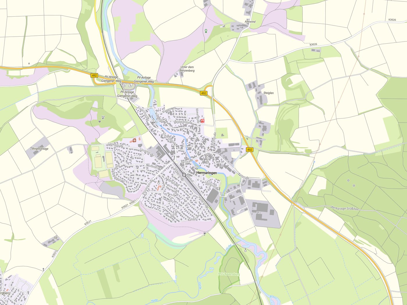 Kartenausschnitt Hermaringen mit Gewässern