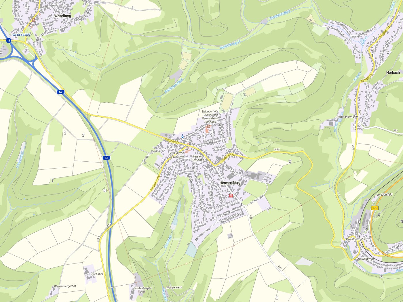 Kartenausschnitt Hermersberg mit Gewässern