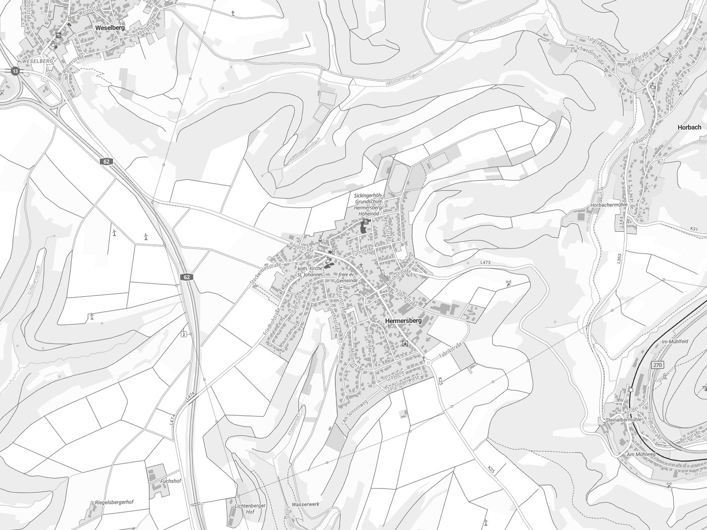 Kartenausschnitt Hermersberg mit Gewässern