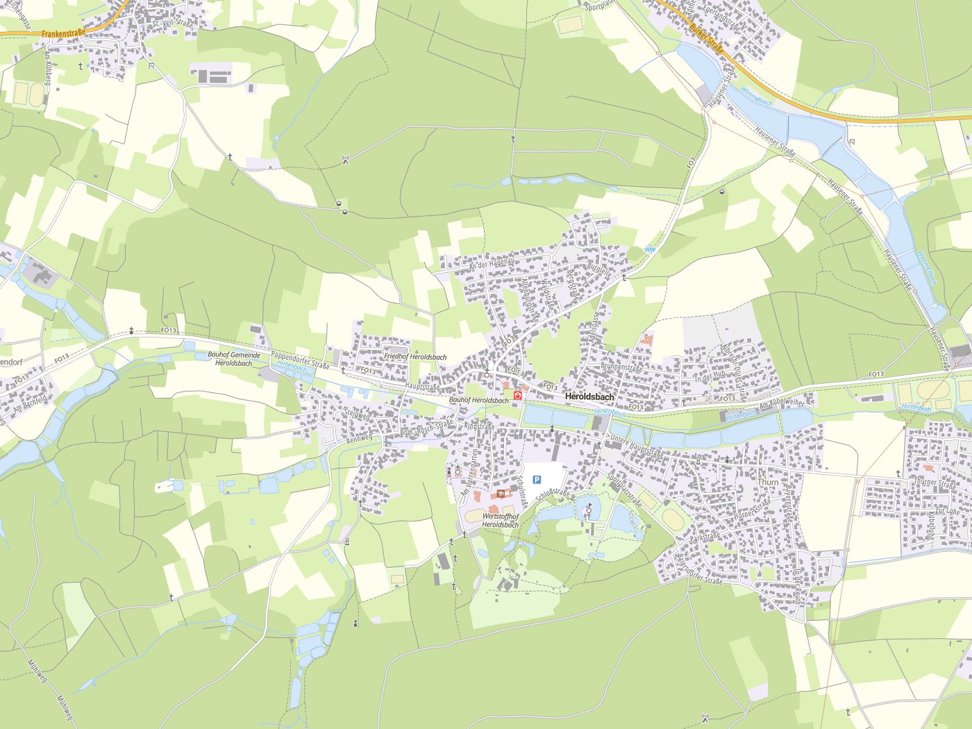 Kartenausschnitt Heroldsbach mit Gewässern