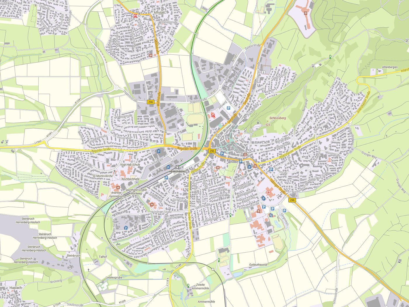 Kartenausschnitt Herrenberg mit Gewässern