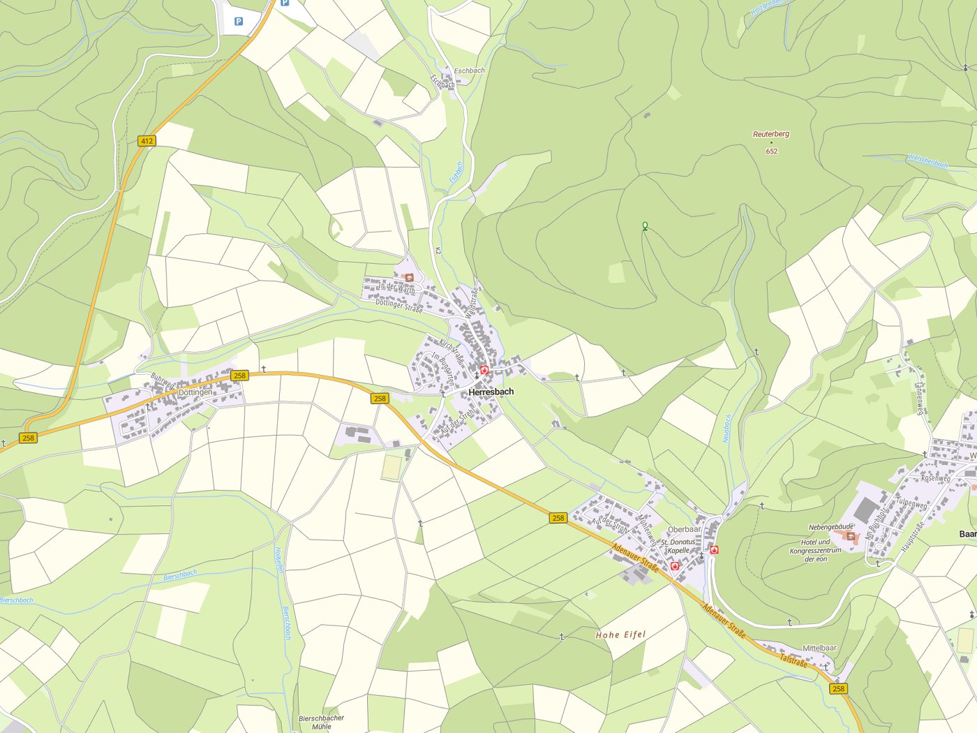 Kartenausschnitt Herresbach mit Gewässern