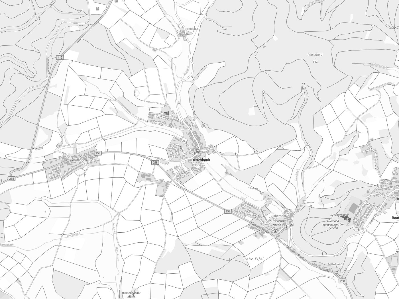 Kartenausschnitt Herresbach mit Gewässern
