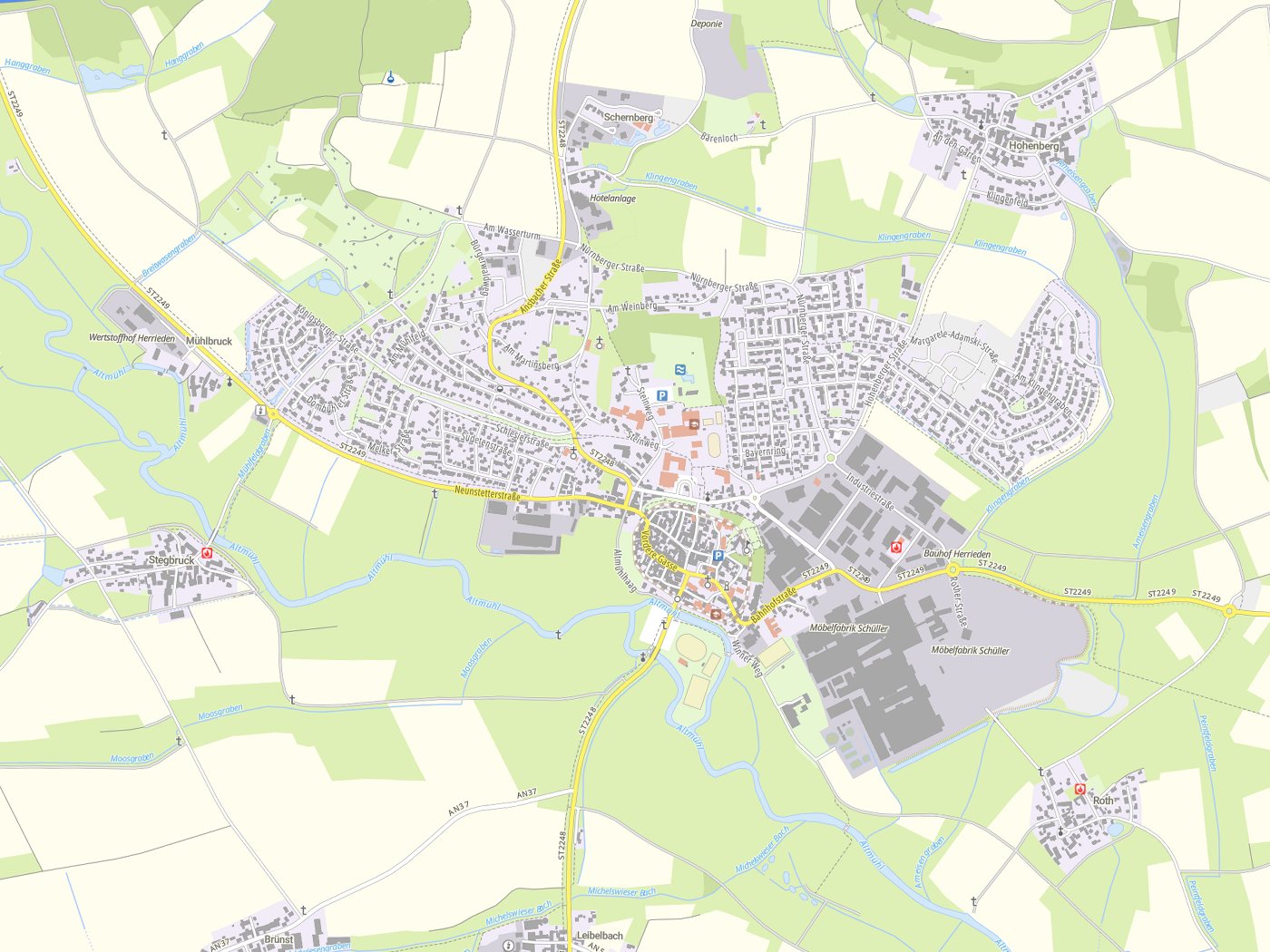 Kartenausschnitt Herrieden mit Gewässern