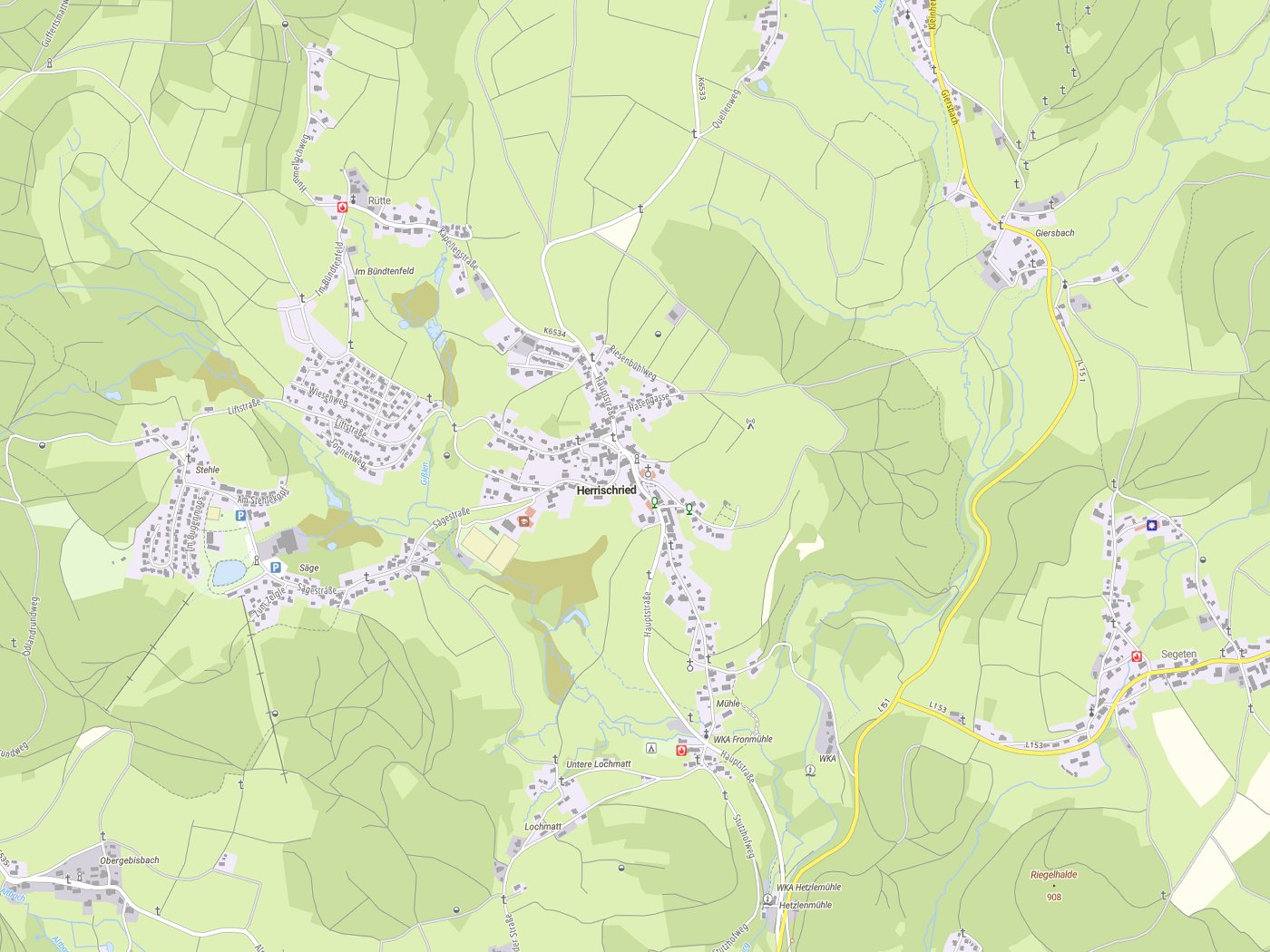 Kartenausschnitt Herrischried mit Gewässern