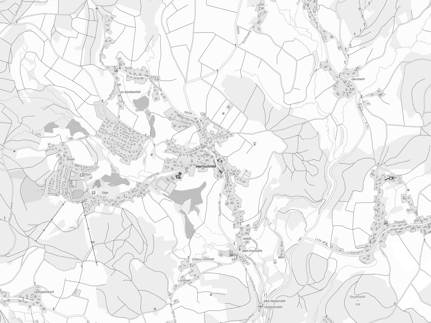 Kartenausschnitt Herrischried mit Gewässern