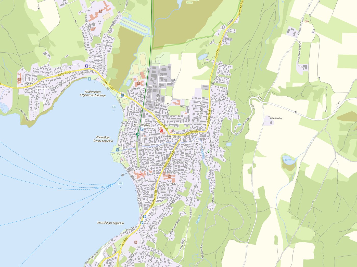 Kartenausschnitt Herrsching am Ammersee mit Gewässern