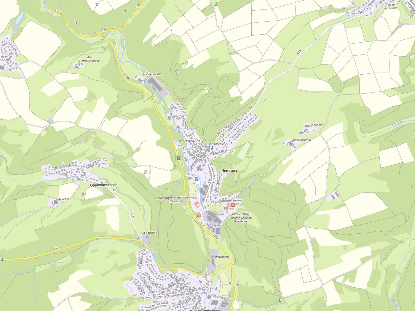 Kartenausschnitt Herrstein mit Gewässern