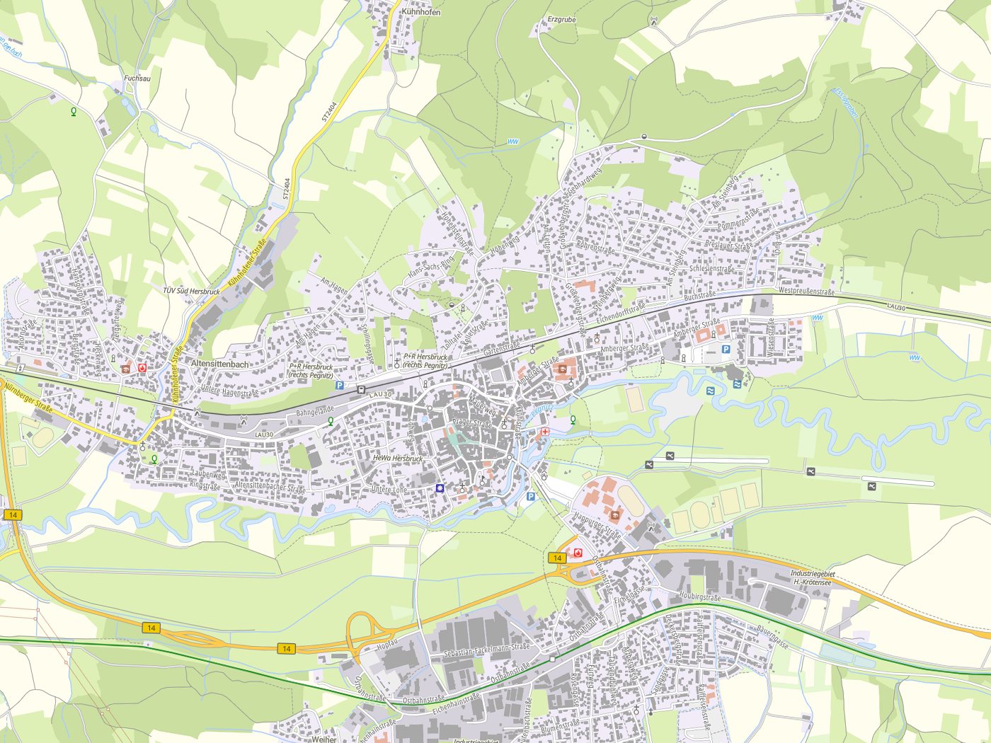 Kartenausschnitt Hersbruck mit Gewässern