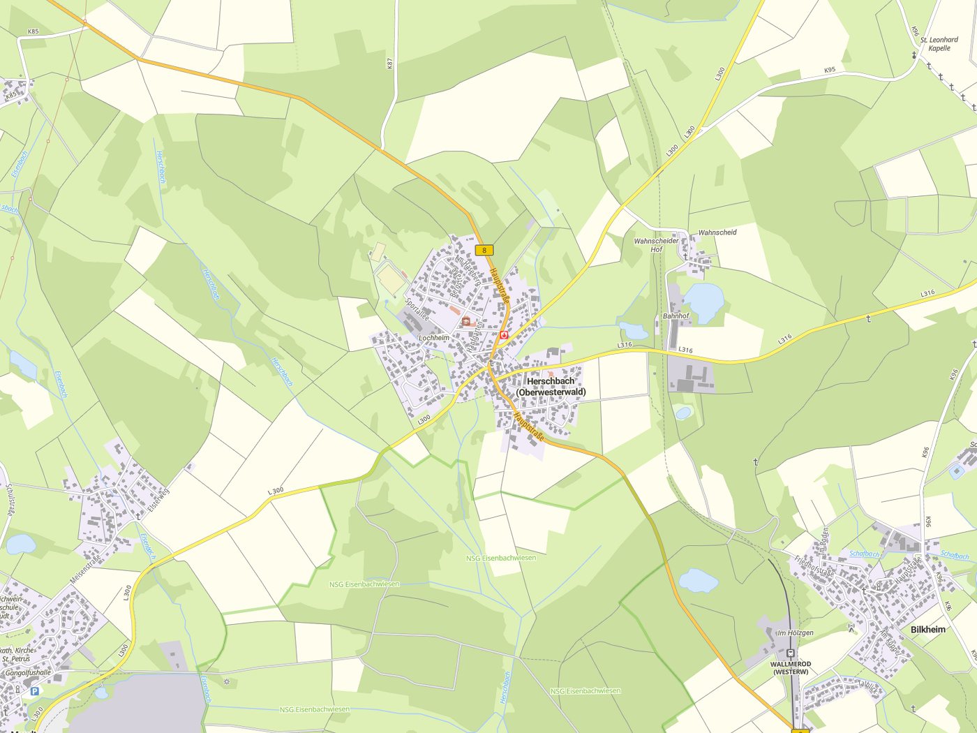 Kartenausschnitt Herschbach (Oberwesterwald) mit Gewässern