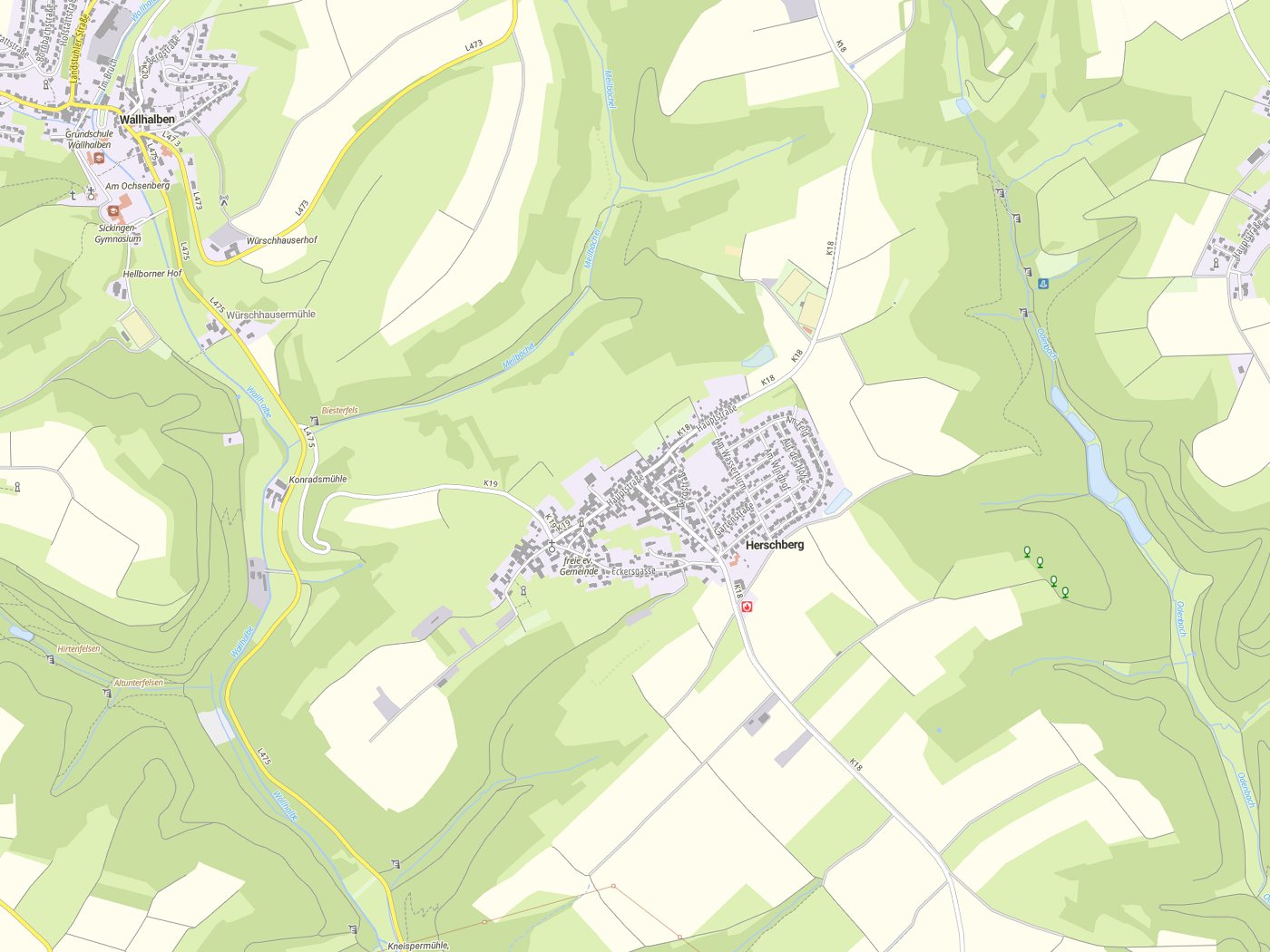 Kartenausschnitt Herschberg mit Gewässern
