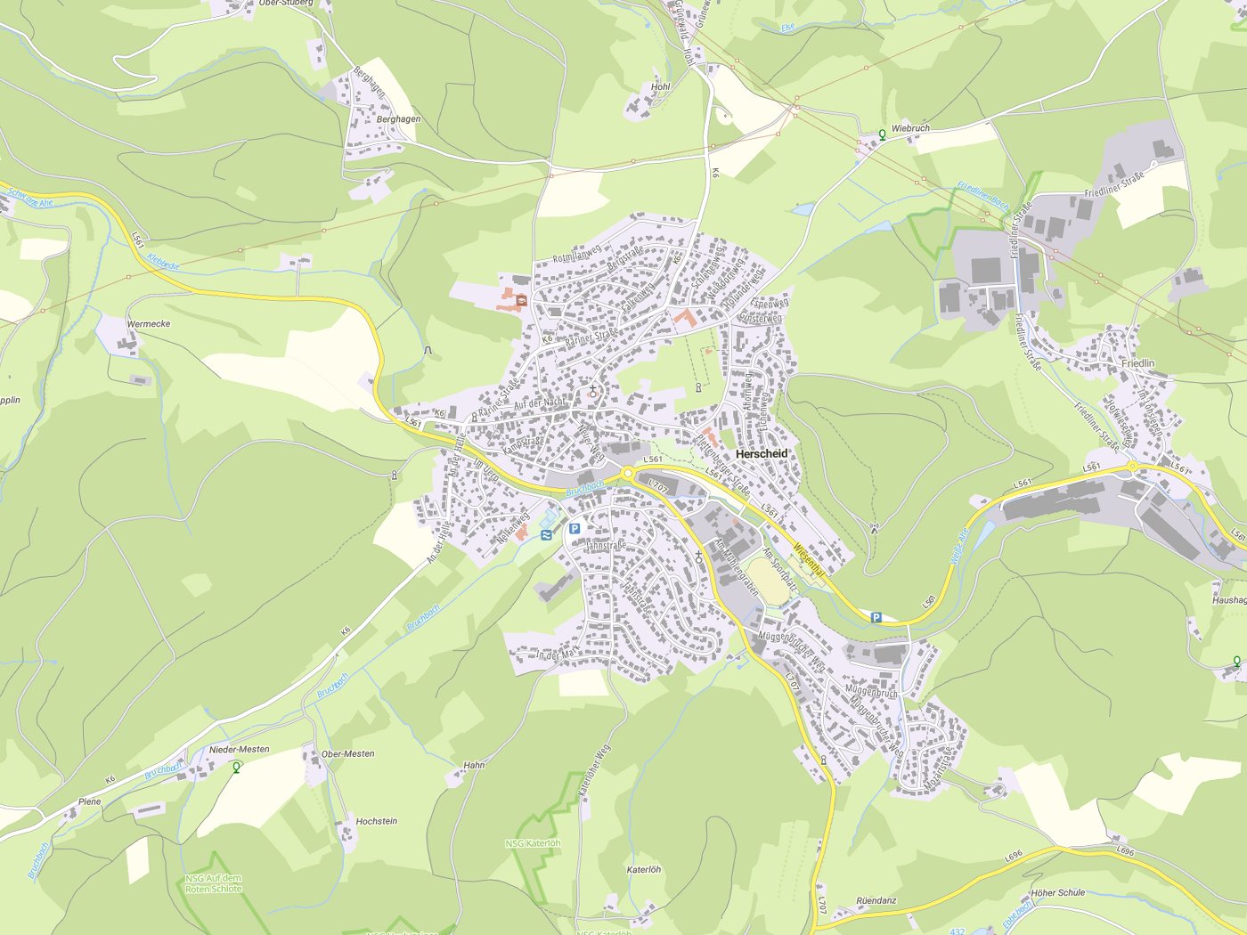 Kartenausschnitt Herscheid mit Gewässern