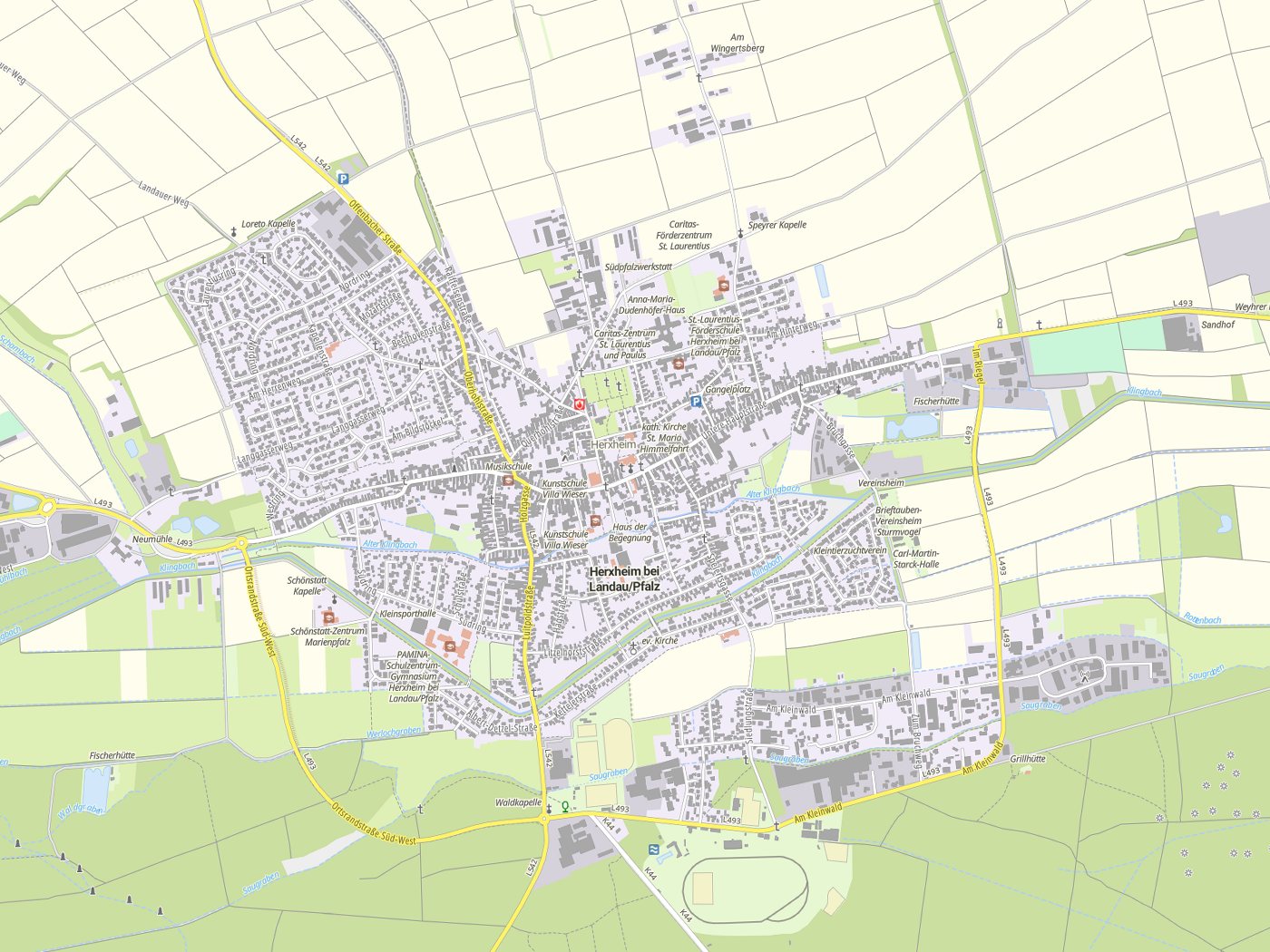 Kartenausschnitt Herxheim bei Landau/ Pfalz mit Gewässern