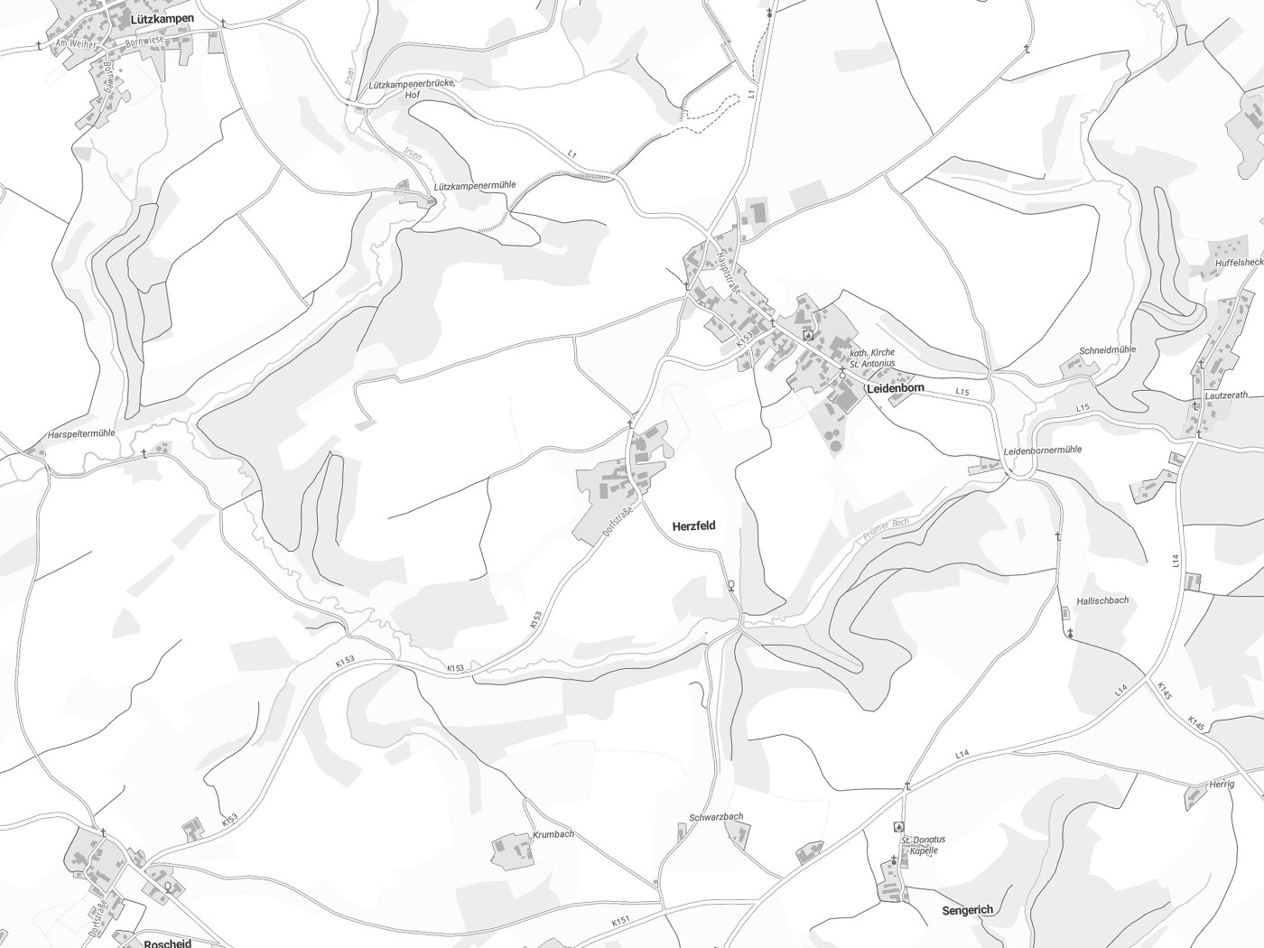 Kartenausschnitt Herzfeld mit Gewässern