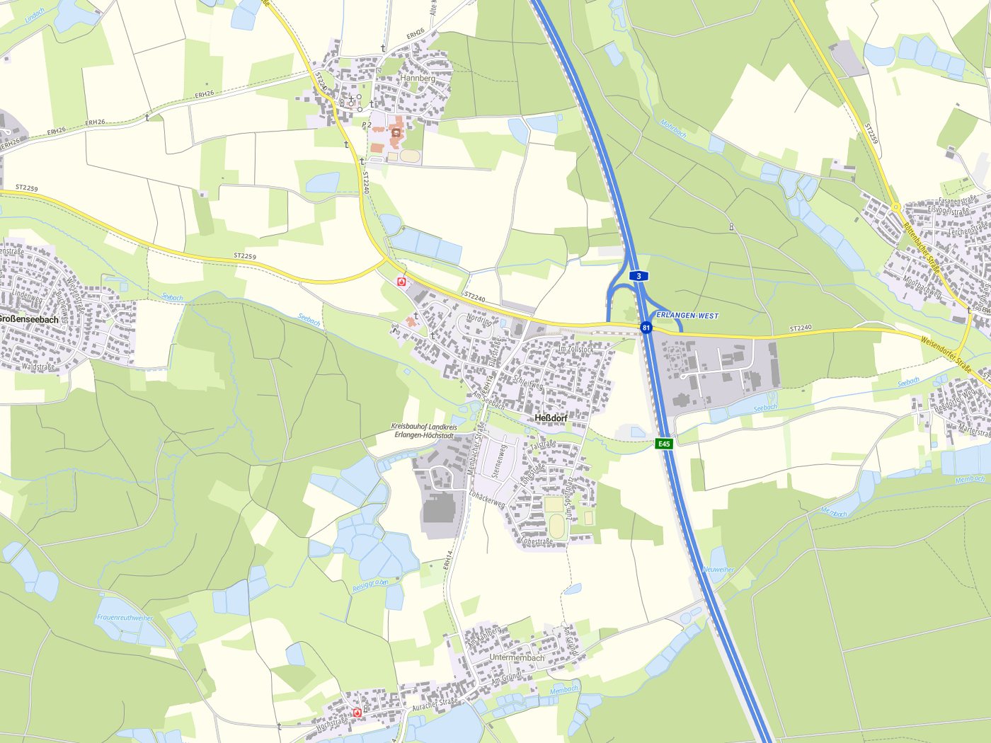 Kartenausschnitt Heßdorf mit Gewässern