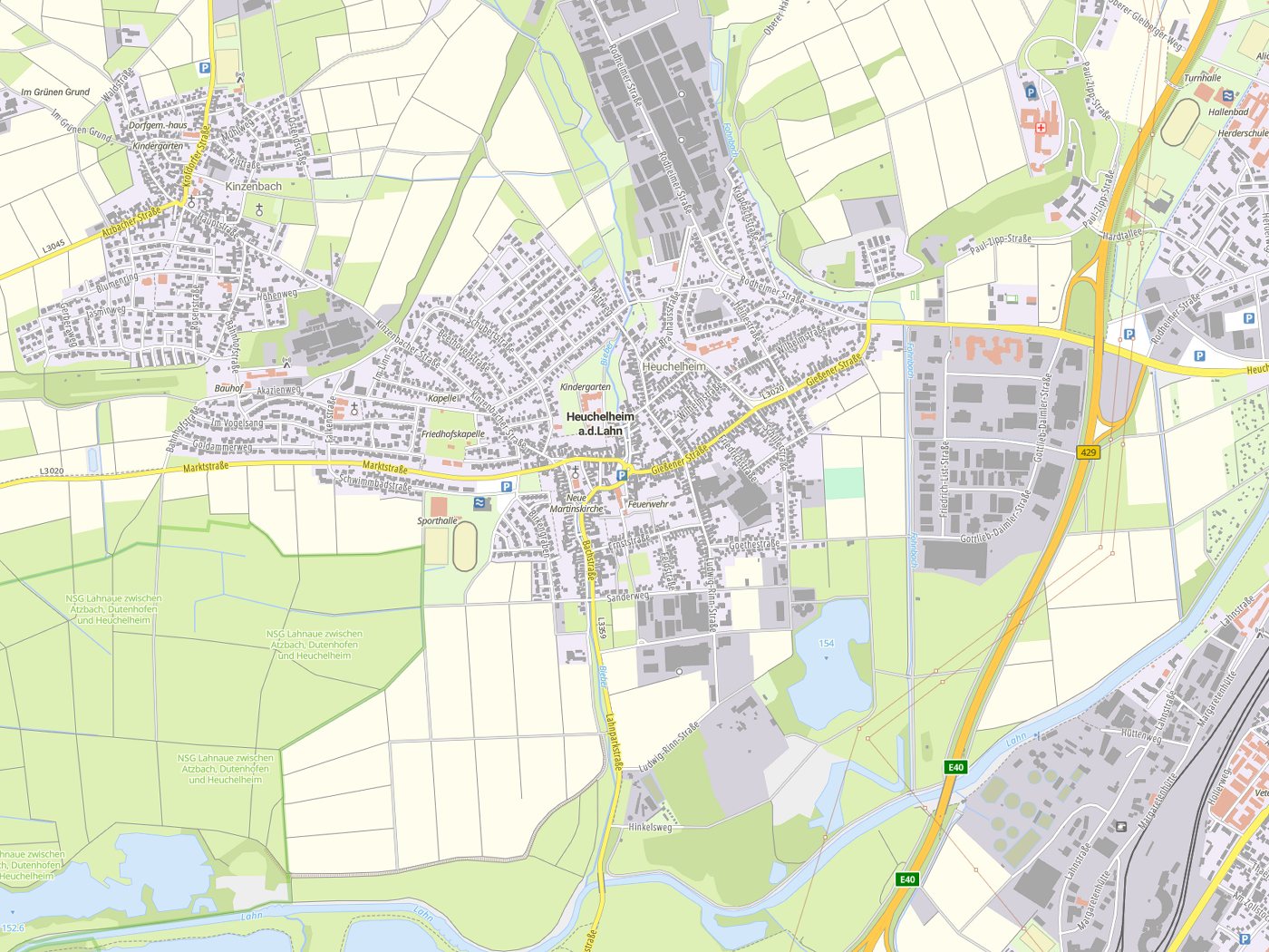 Kartenausschnitt Heuchelheim a. d. Lahn mit Gewässern