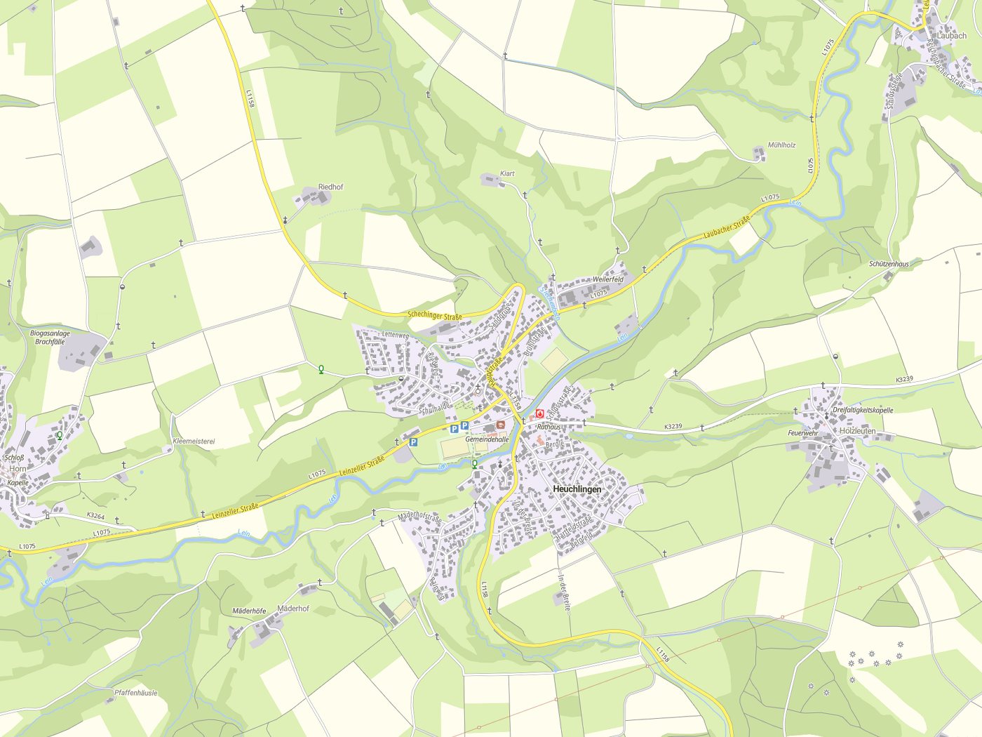 Kartenausschnitt Heuchlingen mit Gewässern