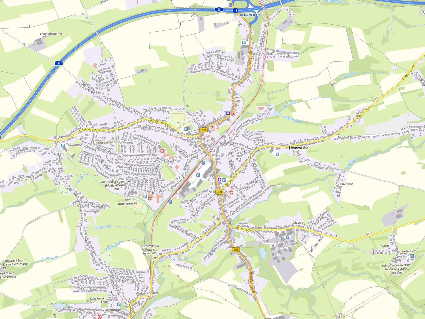 Kartenausschnitt Heusweiler mit Gewässern
