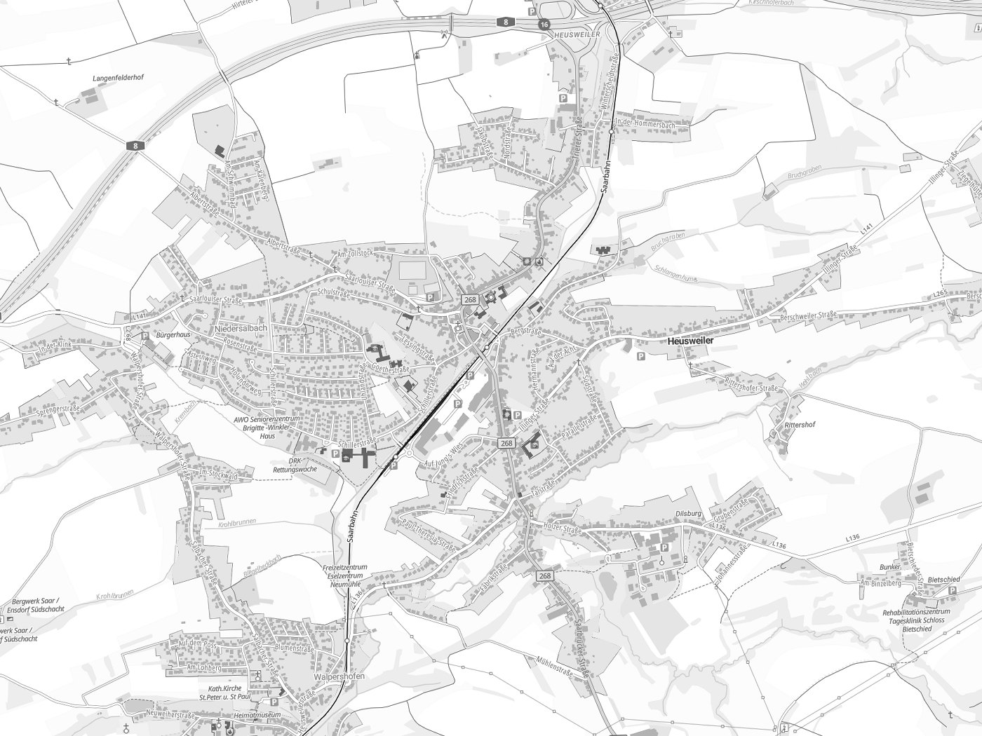 Kartenausschnitt Heusweiler mit Gewässern