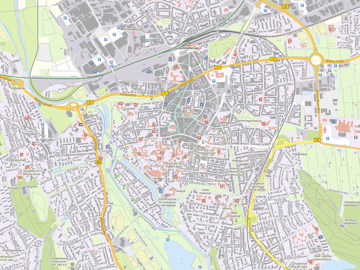 Kartenausschnitt Hildesheim mit Gewässern