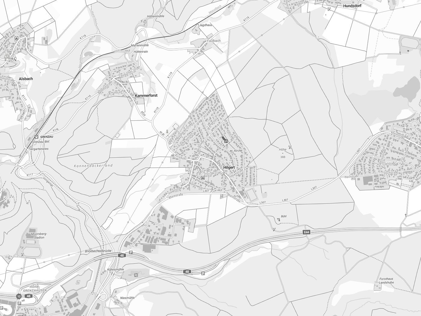 Kartenausschnitt Hilgert mit Gewässern