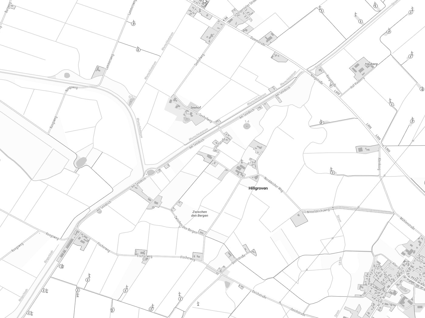 Kartenausschnitt Hillgroven mit Gewässern