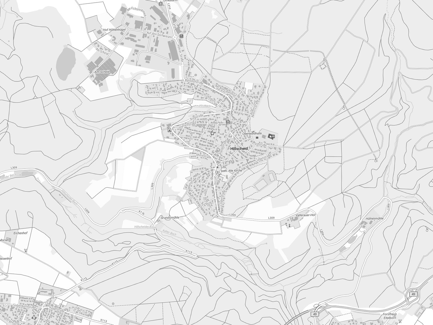 Kartenausschnitt Hillscheid mit Gewässern