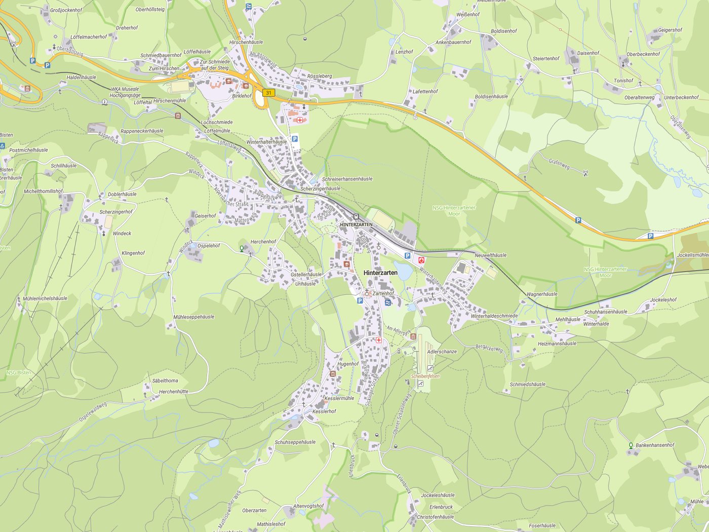 Kartenausschnitt Hinterzarten mit Gewässern