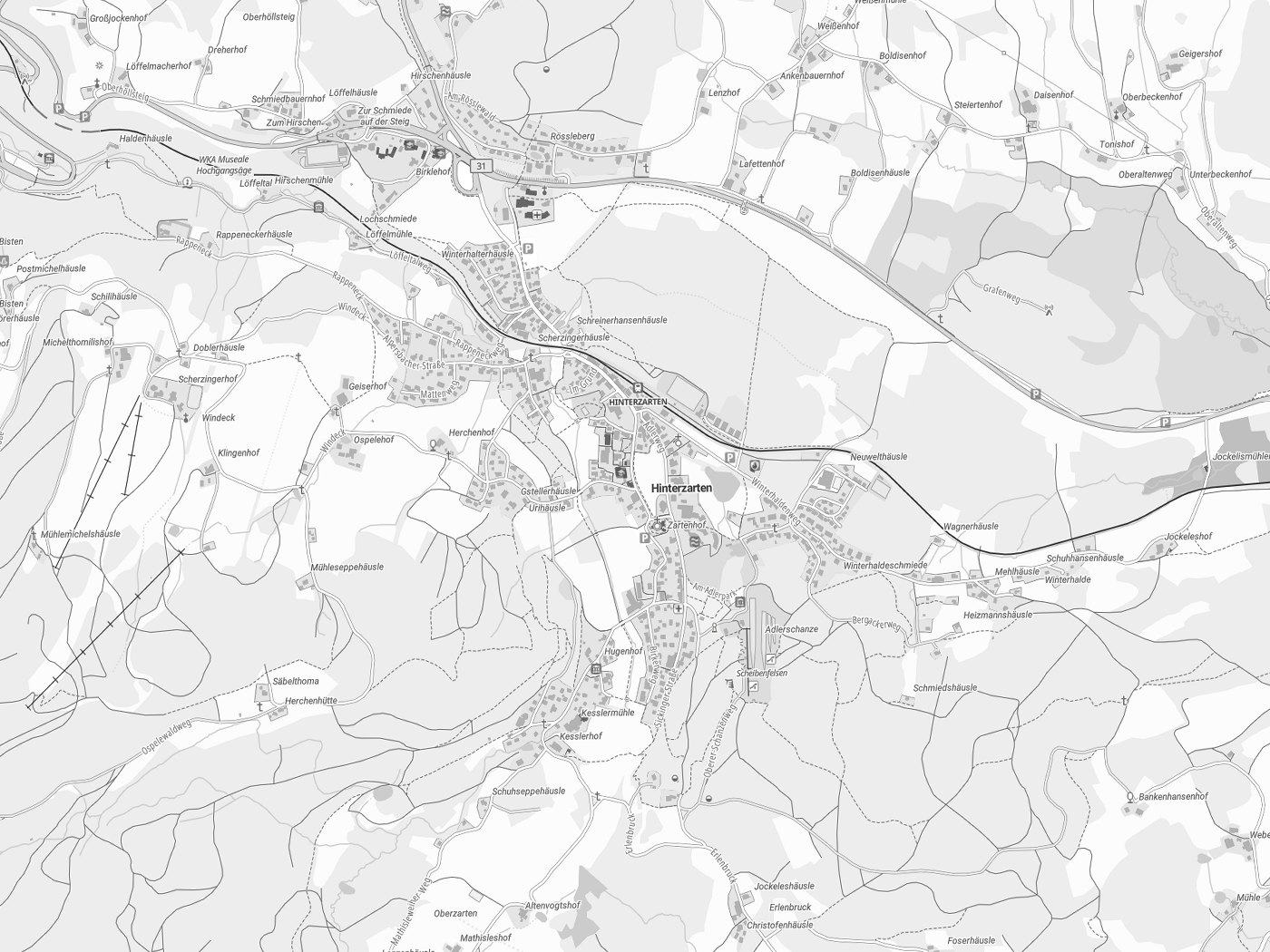 Kartenausschnitt Hinterzarten mit Gewässern
