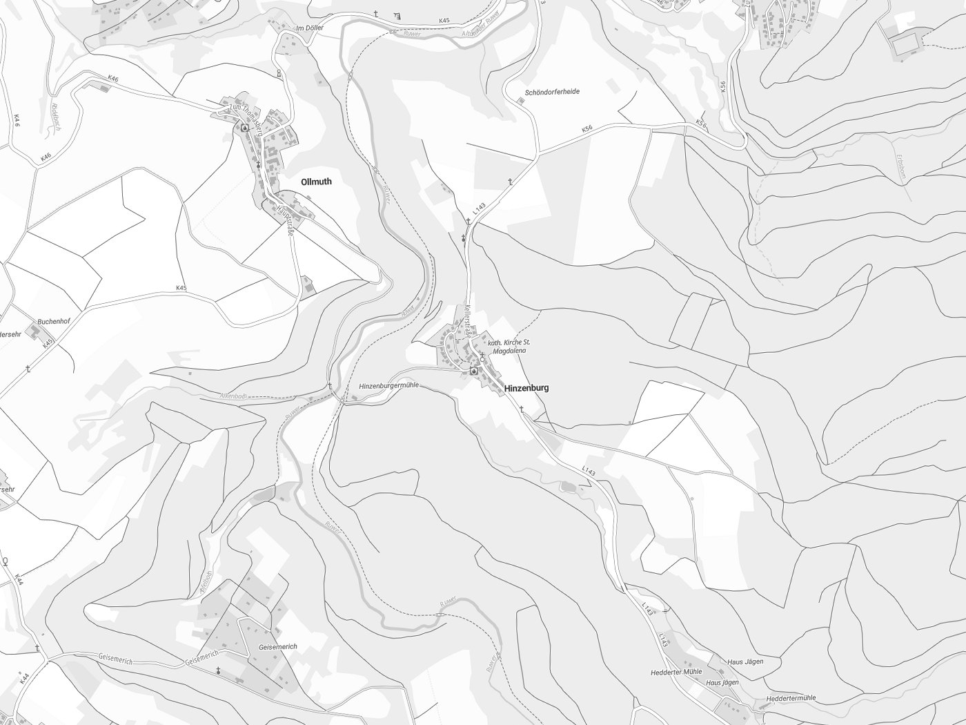 Kartenausschnitt Hinzenburg mit Gewässern