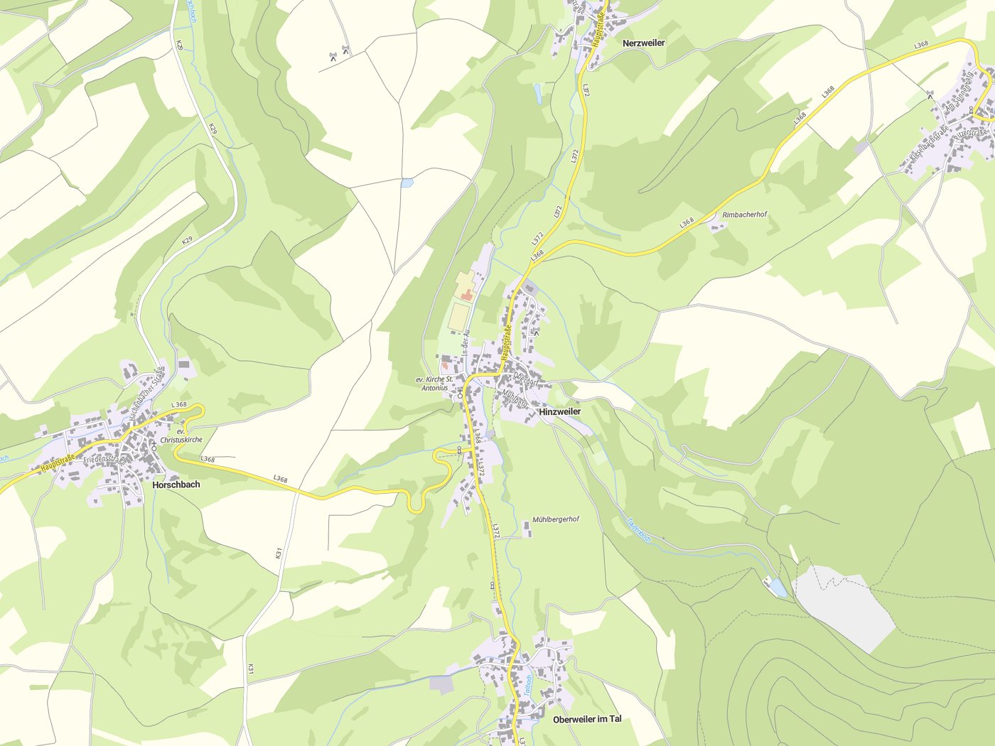 Kartenausschnitt Hinzweiler mit Gewässern