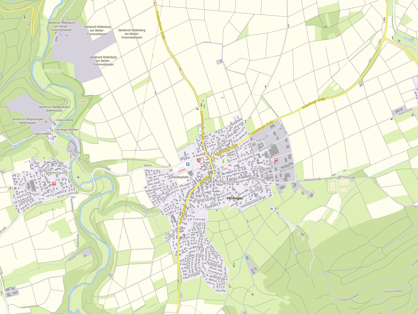 Kartenausschnitt Hirrlingen mit Gewässern