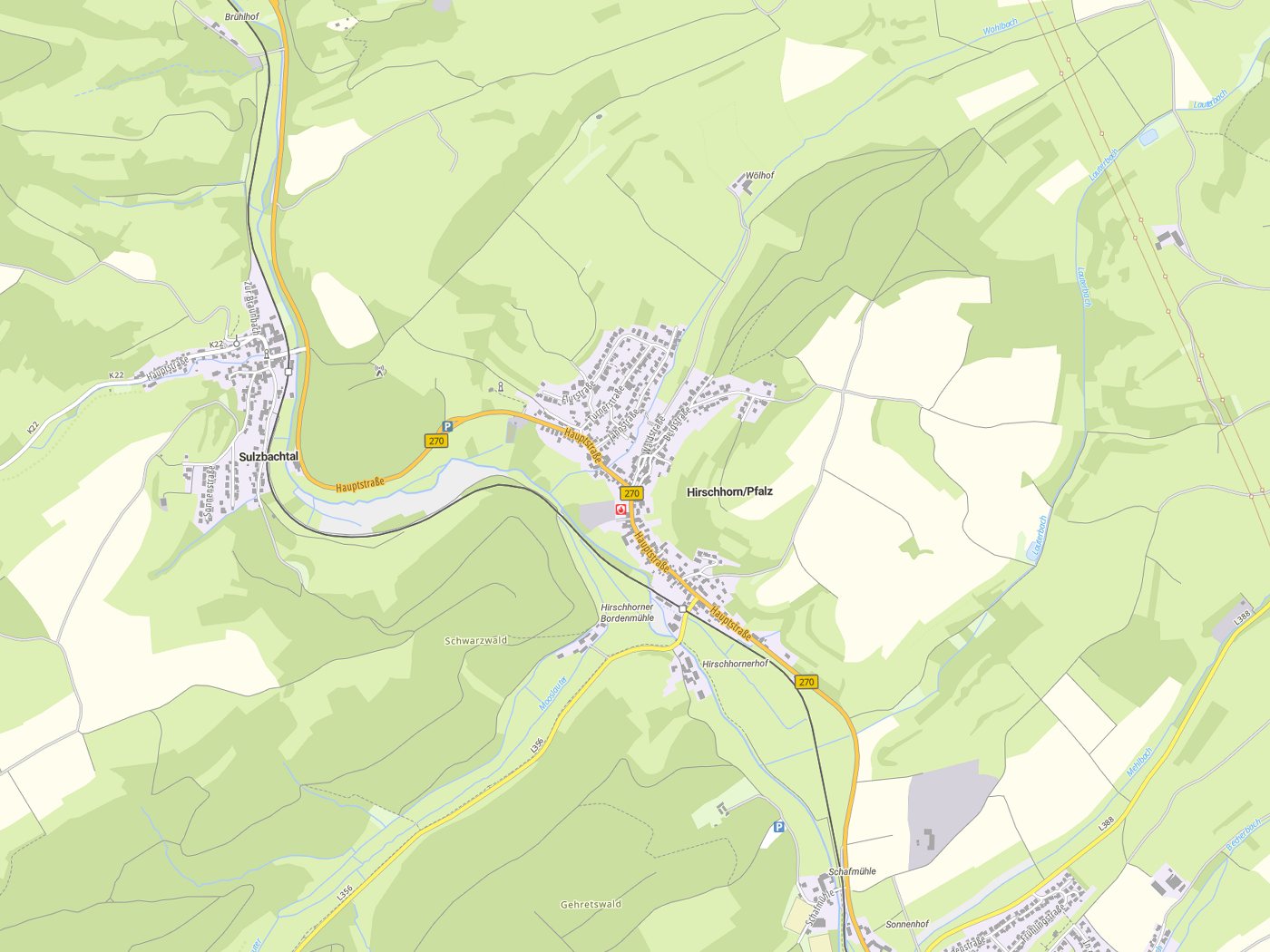 Kartenausschnitt Hirschhorn/ Pfalz mit Gewässern