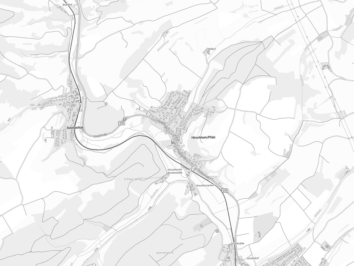 Kartenausschnitt Hirschhorn/ Pfalz mit Gewässern