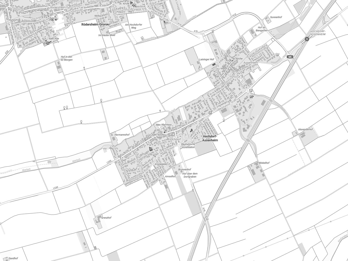 Kartenausschnitt Hochdorf-Assenheim mit Gewässern