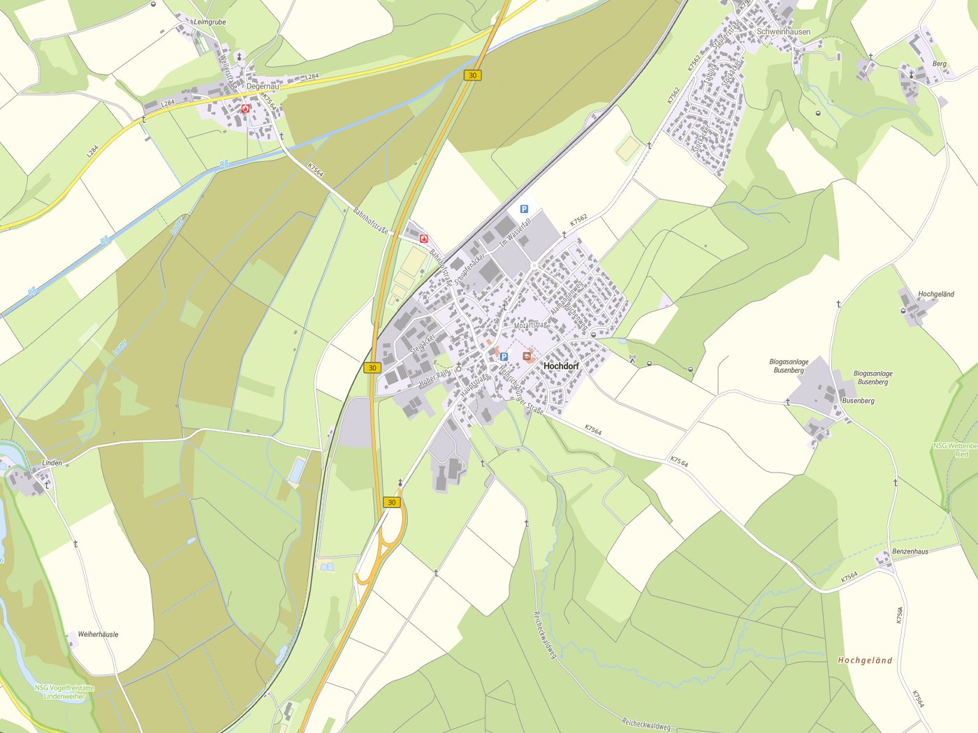 Kartenausschnitt Hochdorf mit Gewässern